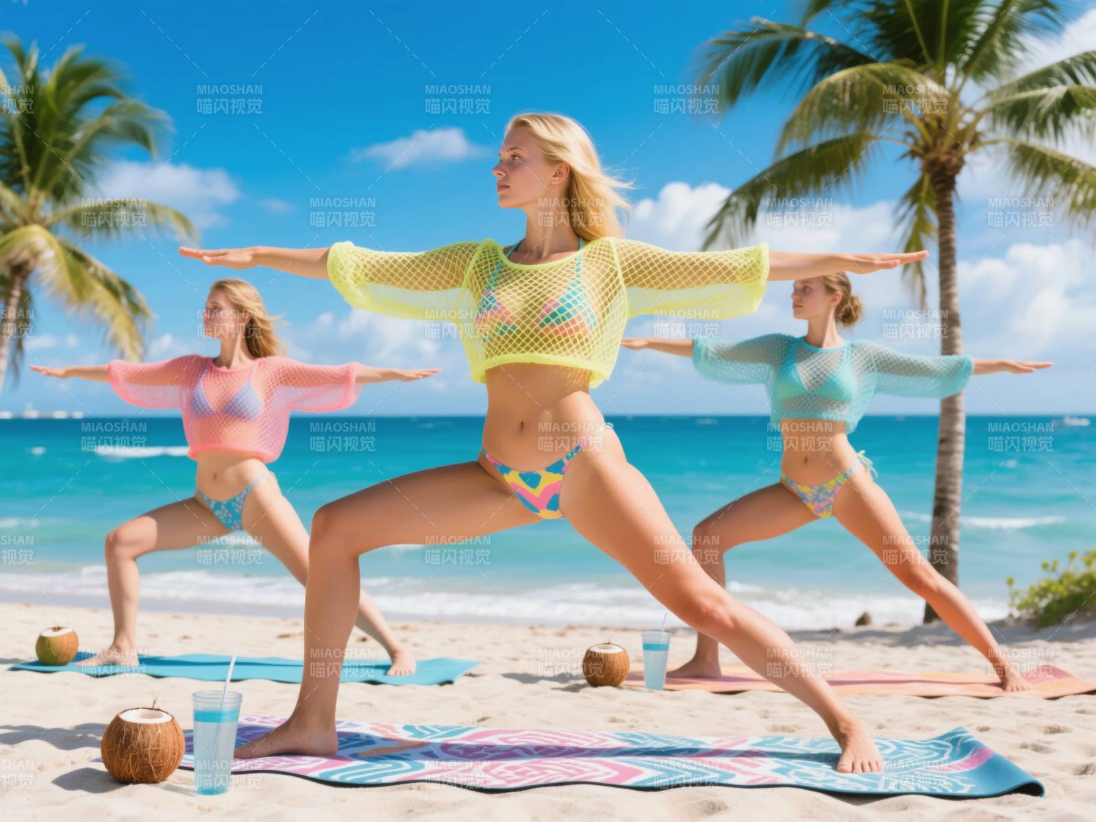 海滩瑜伽三美图图片