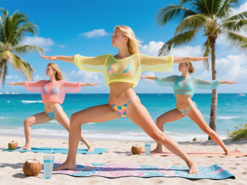 海滩瑜伽三美图图片