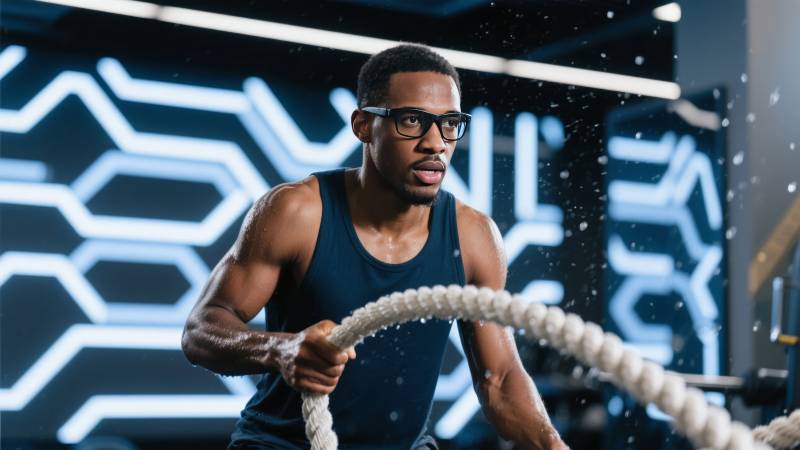 健身男挥动绳索图片