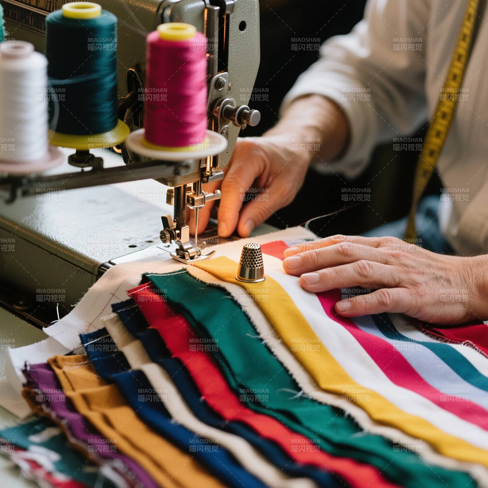 缝纫中的彩色布料图片