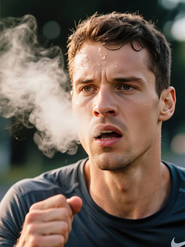 奔跑中的男子呼出白雾图片