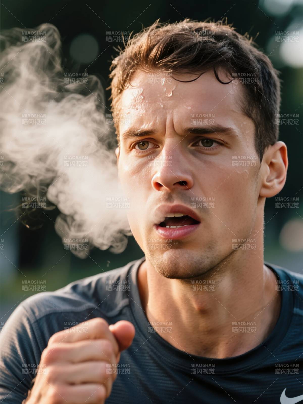 奔跑中的男子呼出白雾图片