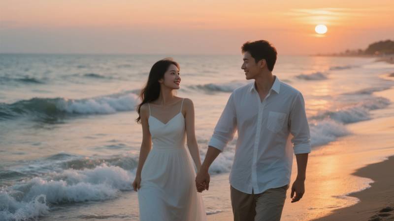 夕阳下的海边情侣图片