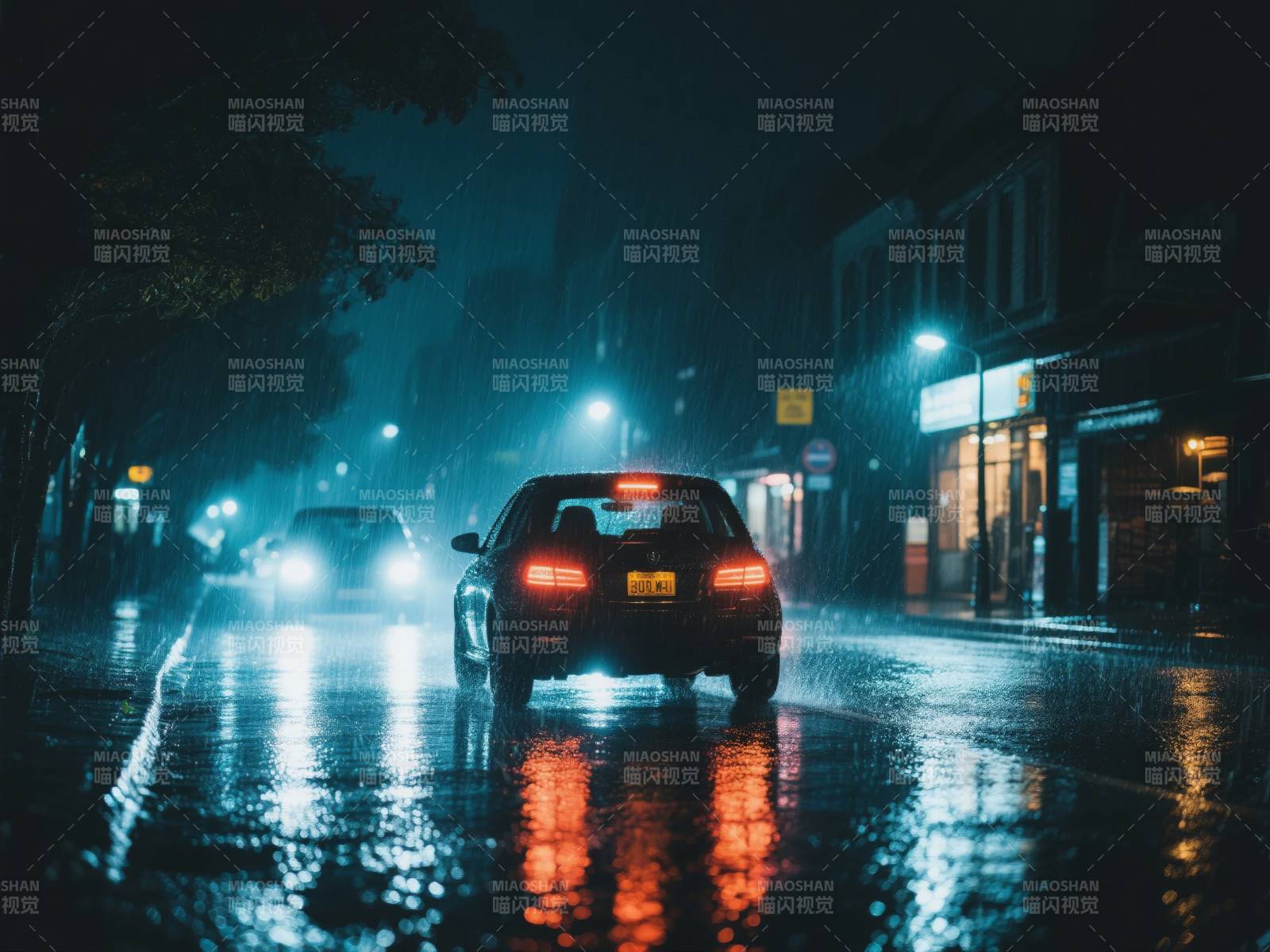 雨夜街灯车影图片