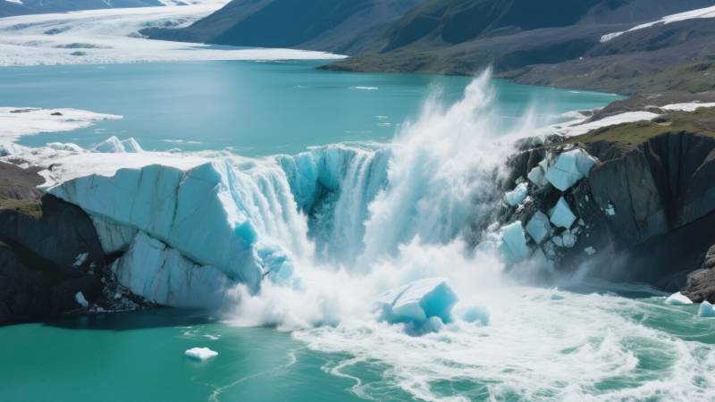 冰川崩裂入湖图片