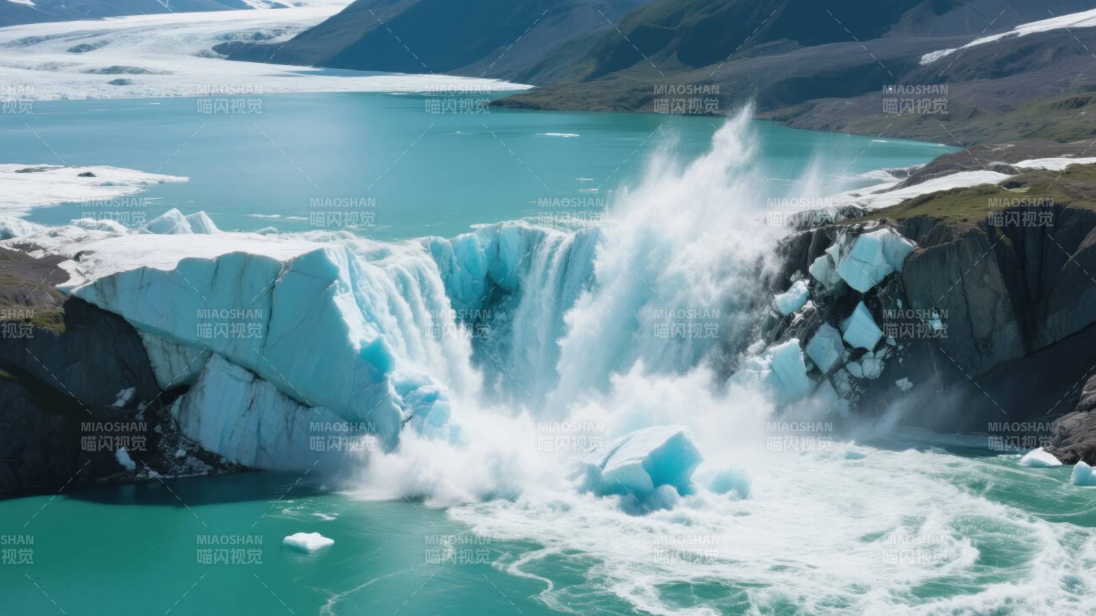 冰川崩裂入湖图片