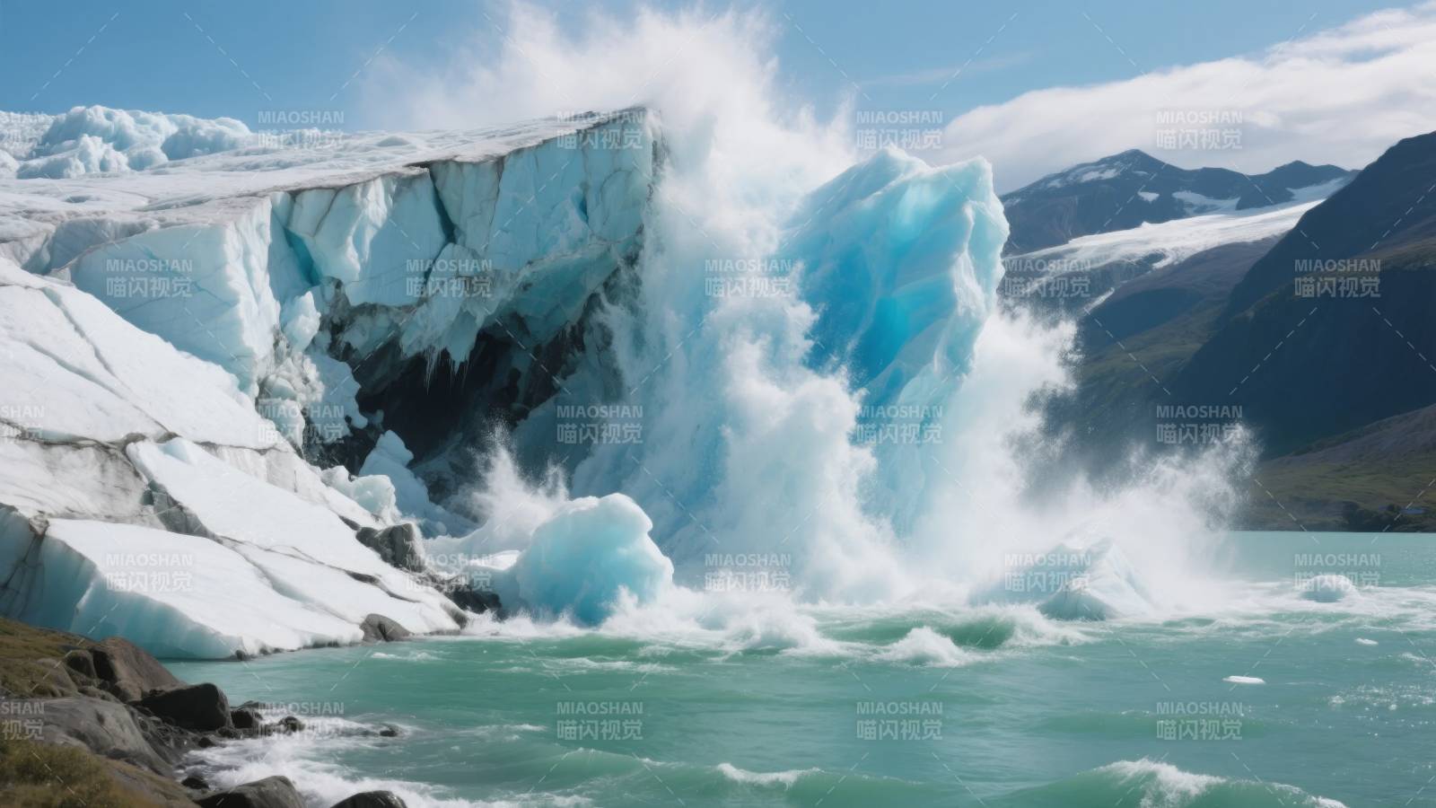 冰川崩塌入湖图片