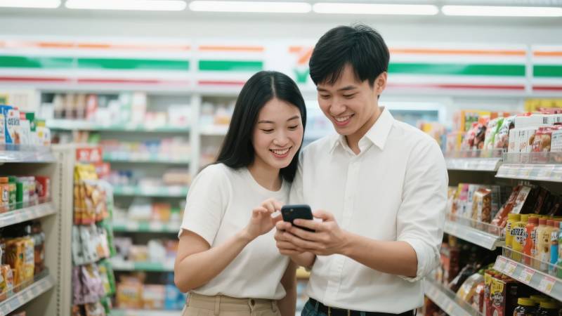 超市情侣共看手机图片