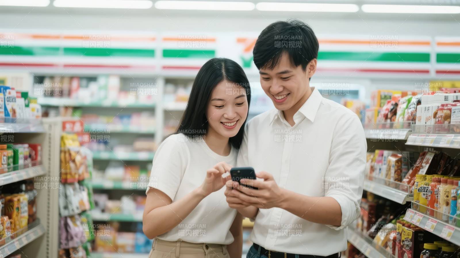 超市情侣共看手机图片