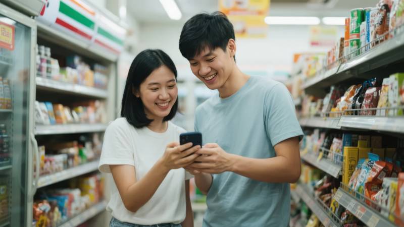 超市情侣看手机图片