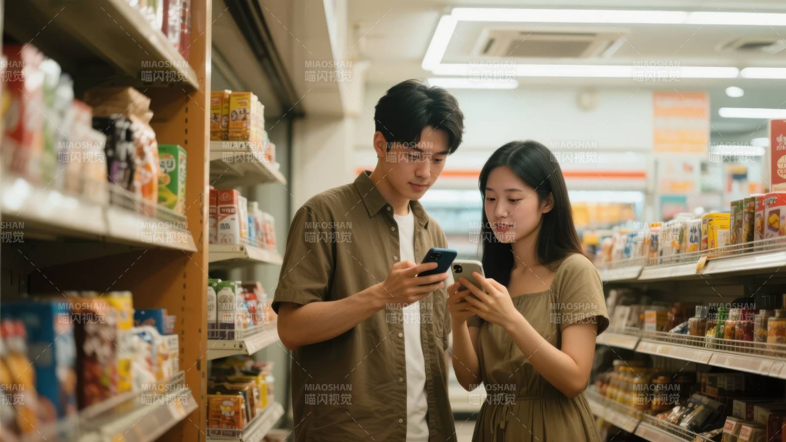 超市情侣看手机图片