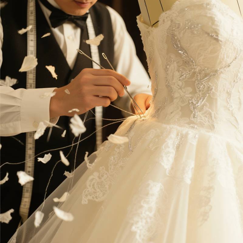 新郎为新娘穿婚纱图片