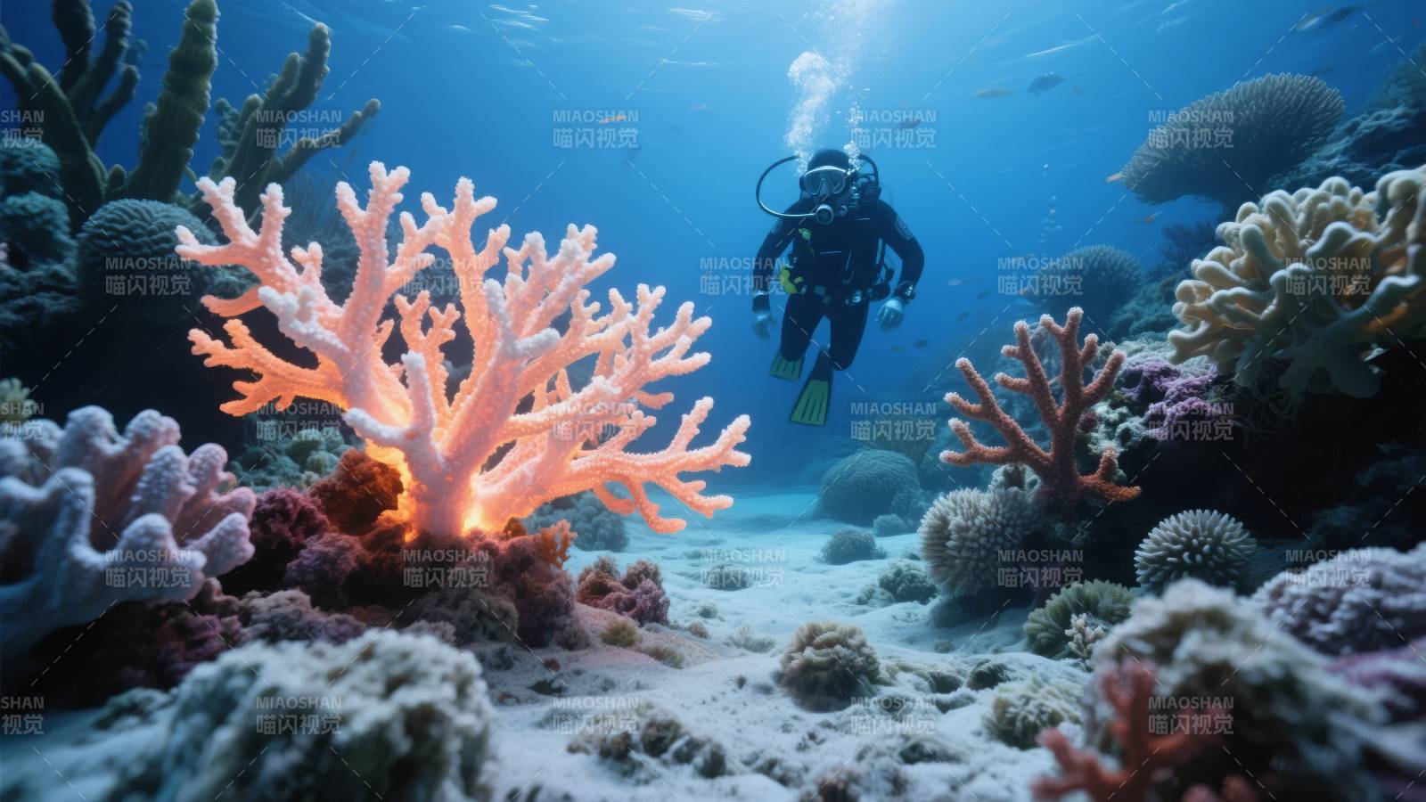 海底珊瑚与潜水者图片