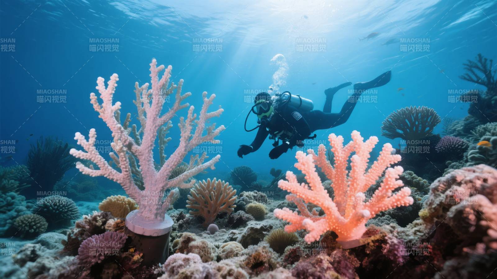 海底珊瑚与潜水员图片