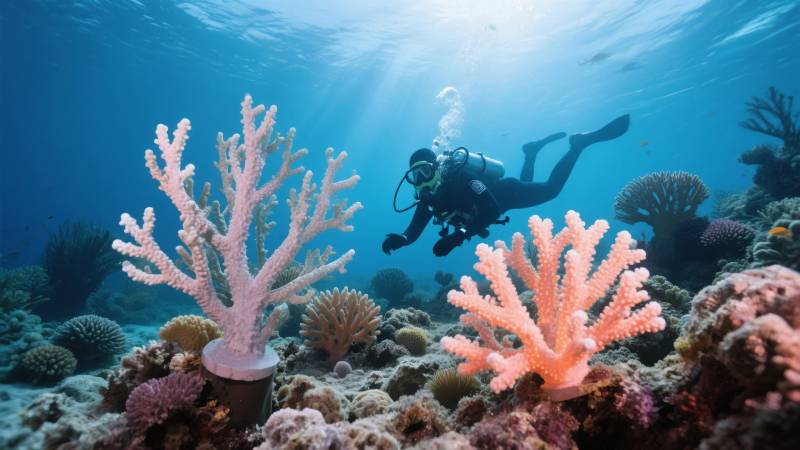 海底珊瑚与潜水员图片