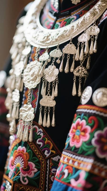 苗族银饰刺绣服饰图片