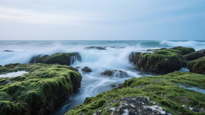 海浪拍打青苔岩图片