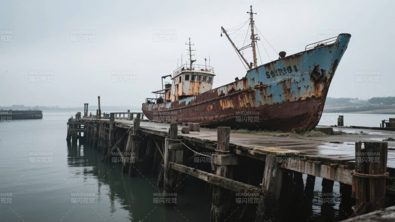 锈迹斑斑的旧船停泊图片