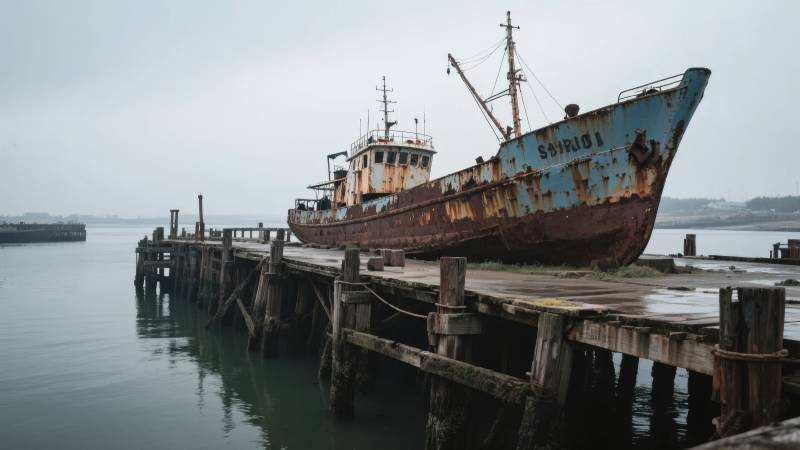 锈迹斑斑的旧船停泊图片