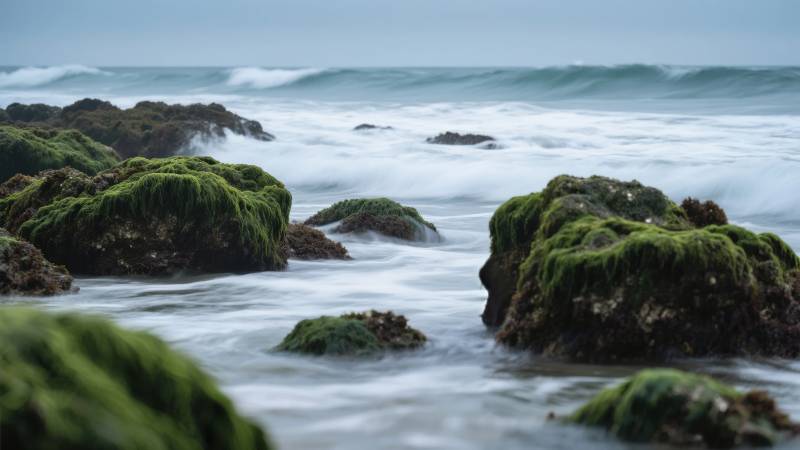 海浪拍打青苔岩图片