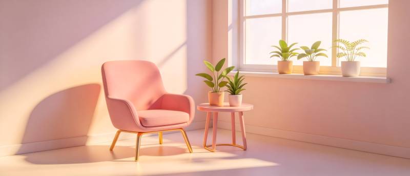 粉色椅子与绿植图片