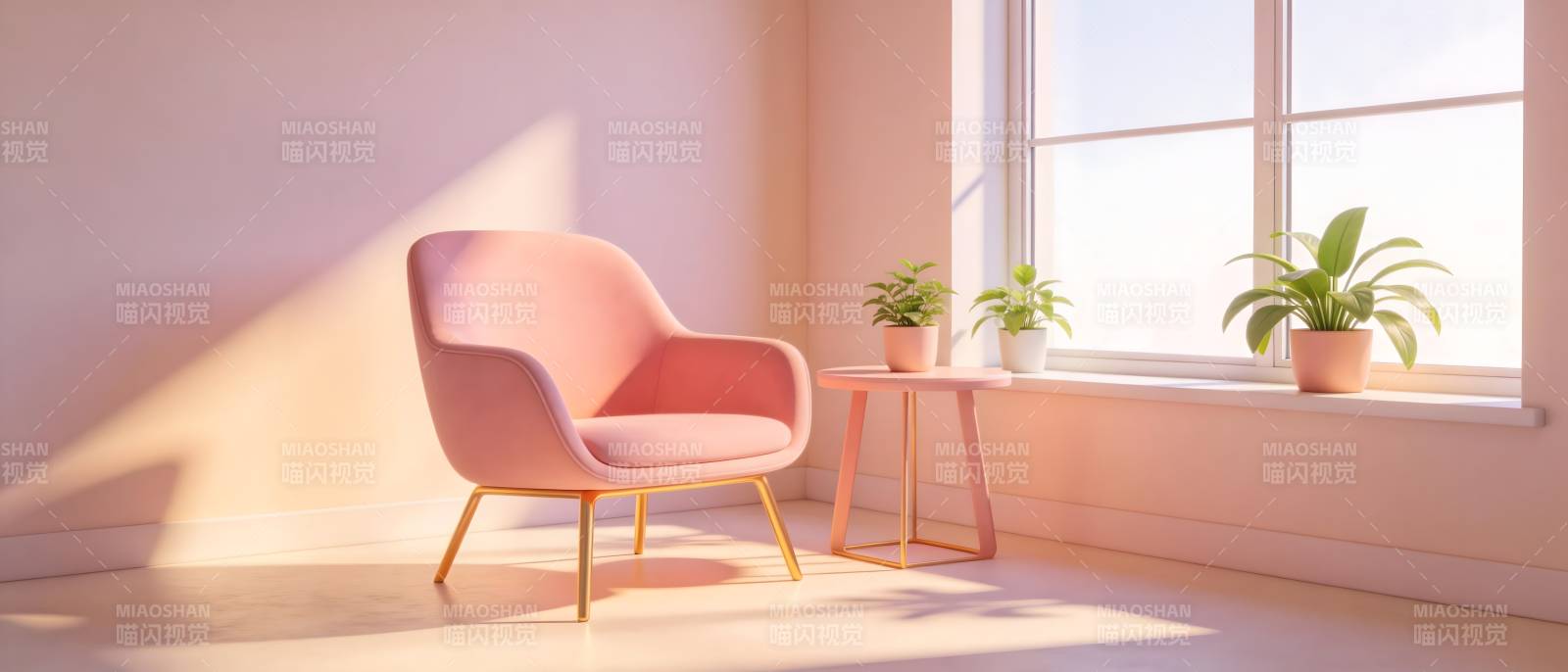 粉色椅子窗边绿植图片