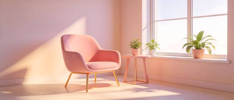 粉色椅子窗边绿植图片