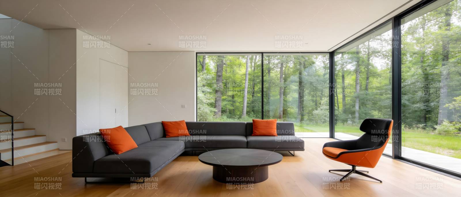 现代客厅 窗外绿意盎然图片