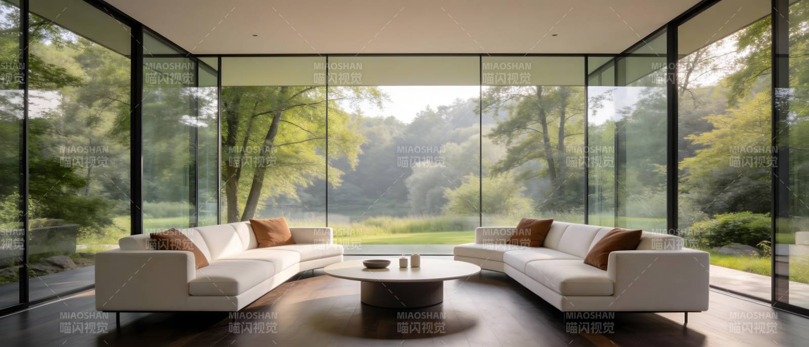 现代客厅 窗外绿意盎然图片