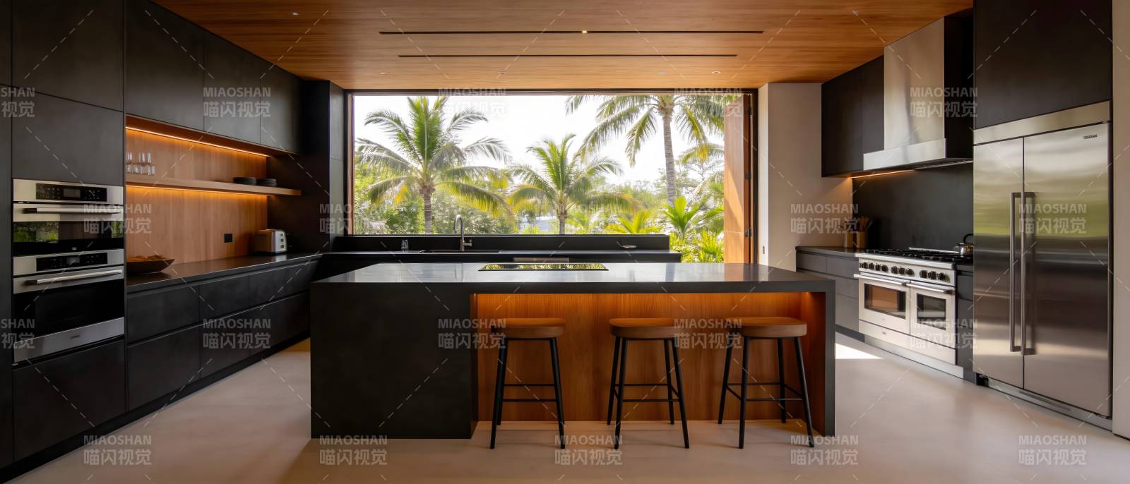 现代厨房 窗外棕榈美景图片