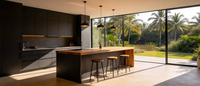 现代厨房 窗外绿意盎然图片