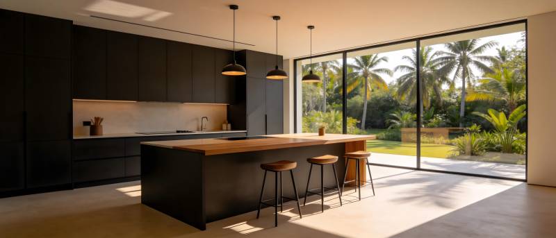 现代厨房 窗外绿意盎然图片