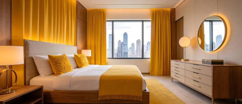 金色卧室城市景观图片