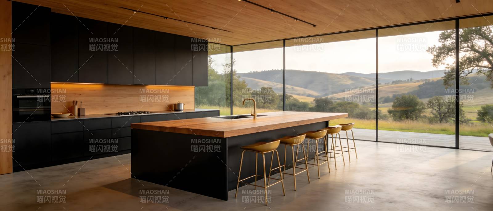 现代厨房全景窗景图片