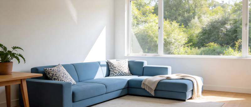 蓝沙发阳光客厅图片