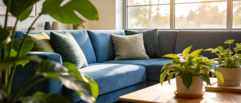 绿植点缀的蓝色沙发图片