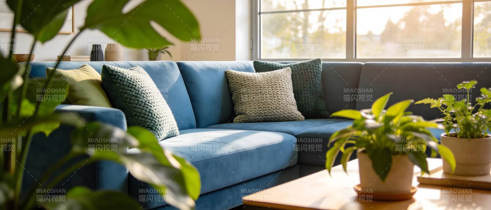 绿植点缀的蓝色沙发图片