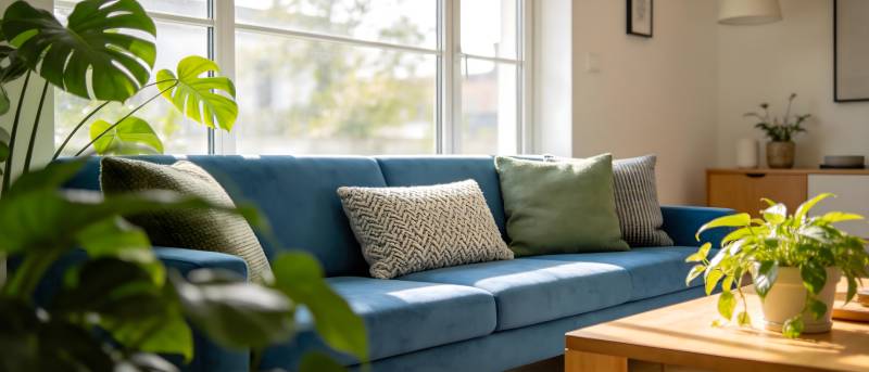 绿植点缀的蓝色沙发图片