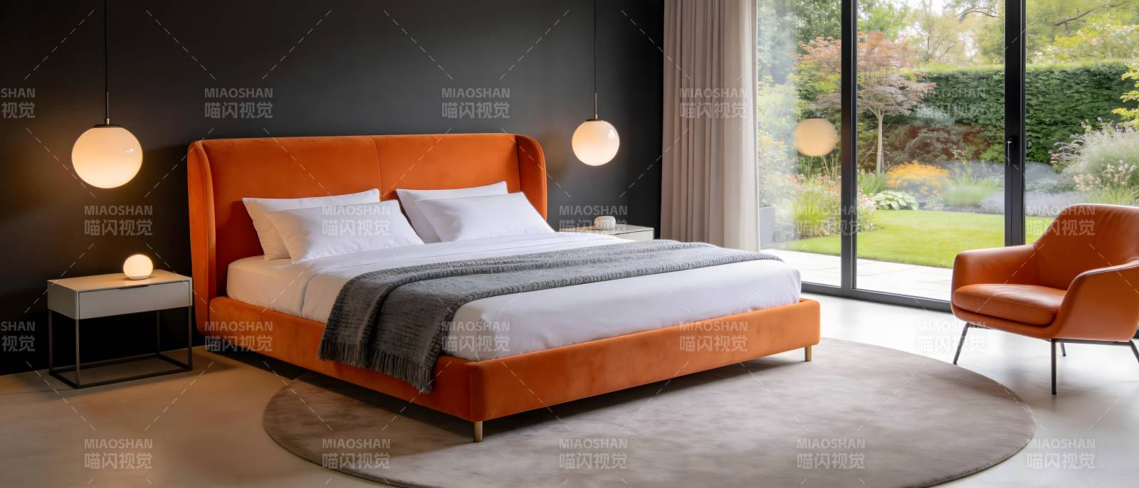 现代卧室橙色床品图片