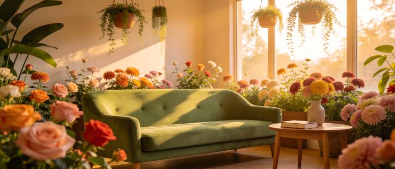 花海中的绿沙发图片