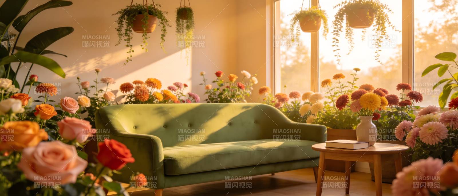 花海中的绿沙发图片