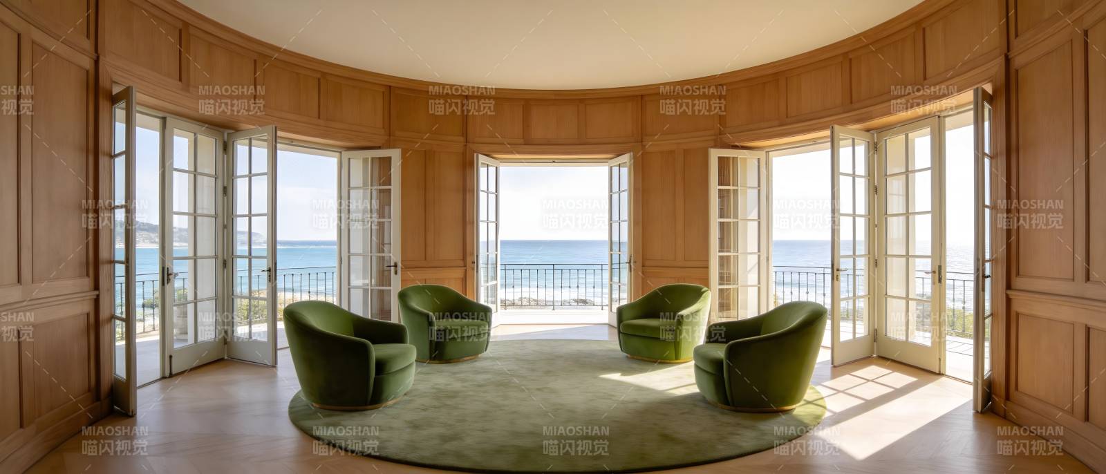 海景客厅 绿椅环绕图片