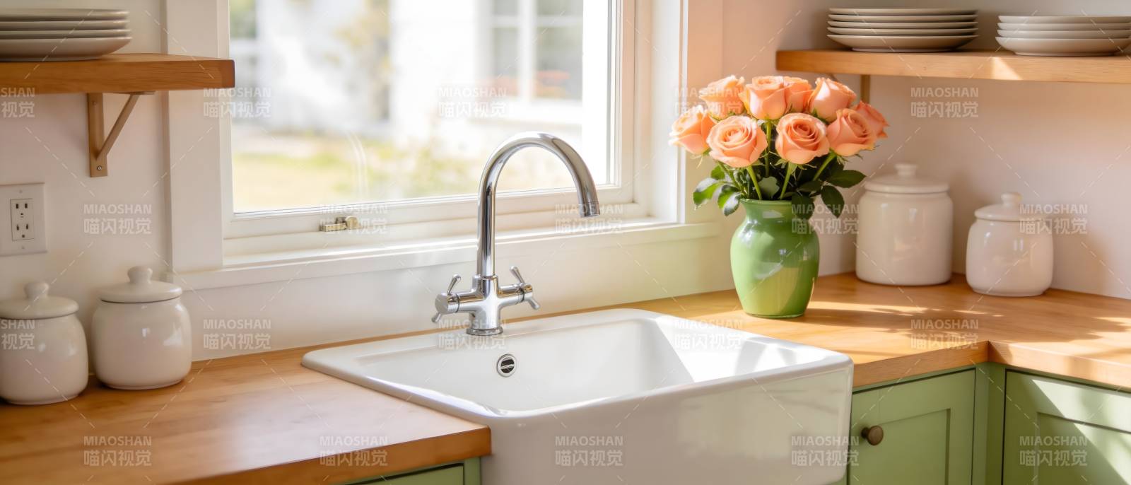 温馨厨房水槽一角图片