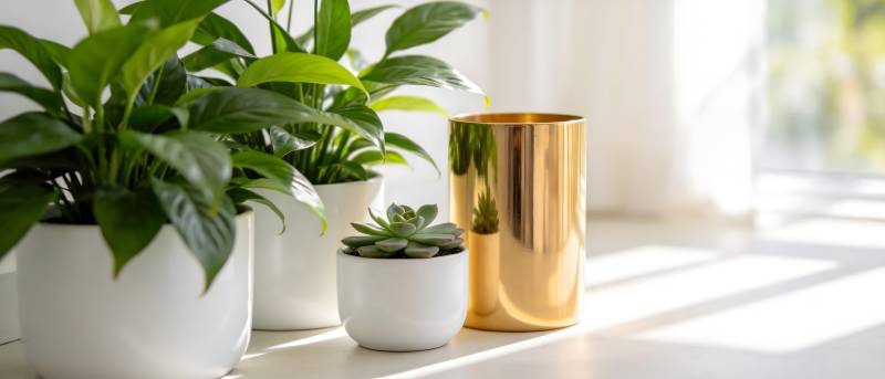 绿植与金色花盆图片