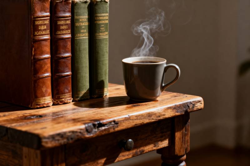 书桌上的热咖啡图片