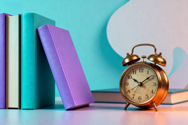 书与闹钟静物图片