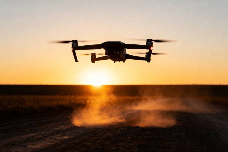 夕阳下的无人机飞行图片