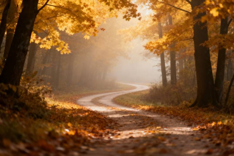 秋林小径晨雾图片