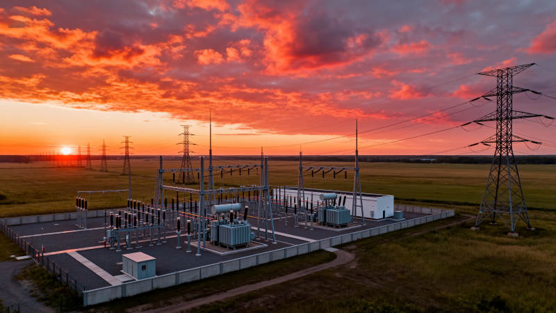 夕阳下的变电站图片