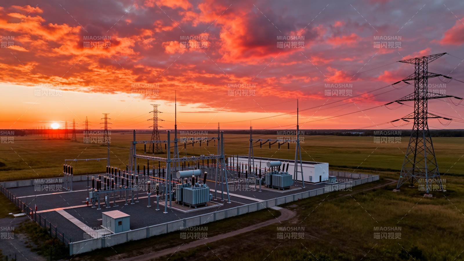 夕阳下的变电站图片